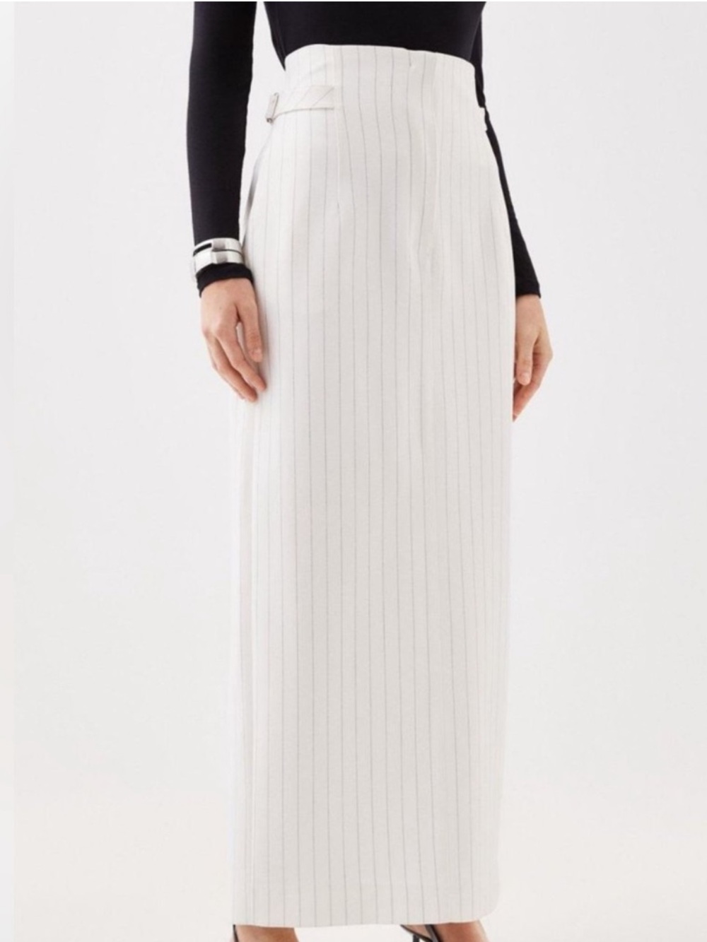 New Karen Millen Compact Stretch Pinstripe High Waist Tab Detail Maxi Skirt $284